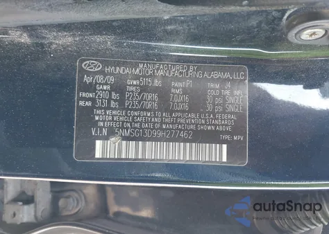 2009 Hyundai Santa Fe Gls z USA, uszkodzony, nr VIN 5NMSG13D99H277462